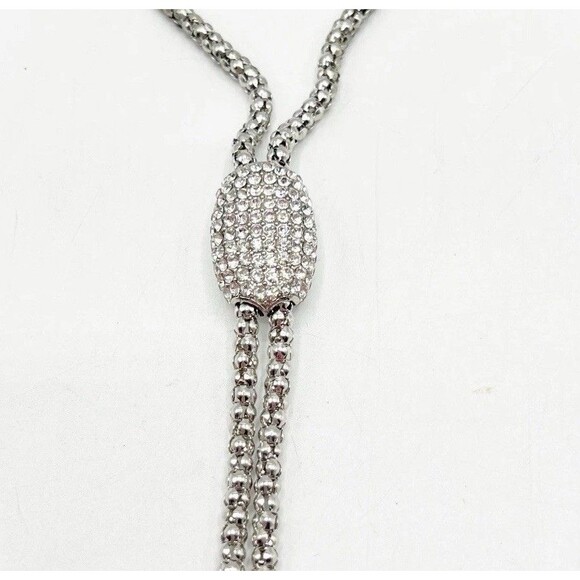 CHICO'S Rhinestone Statement Pave Crystal Lariat Rope Chain Necklace Silver Tone - Picture 3 of 8